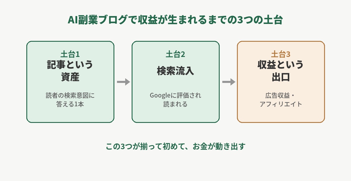 AI副業ブログで収益が生まれるまでの3つの土台の流れを示す図解