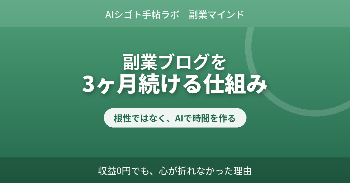 副業ブログを3ヶ月続ける仕組みとAI時短術を伝えるアイキャッチ AIシゴト手帖ラボ