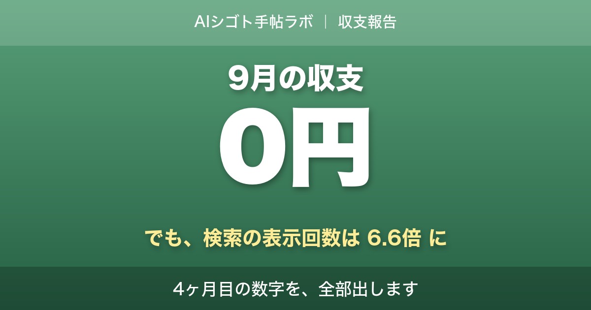 9月の収支報告 収益0円・検索表示回数6.6倍｜AIシゴト手帖ラボ