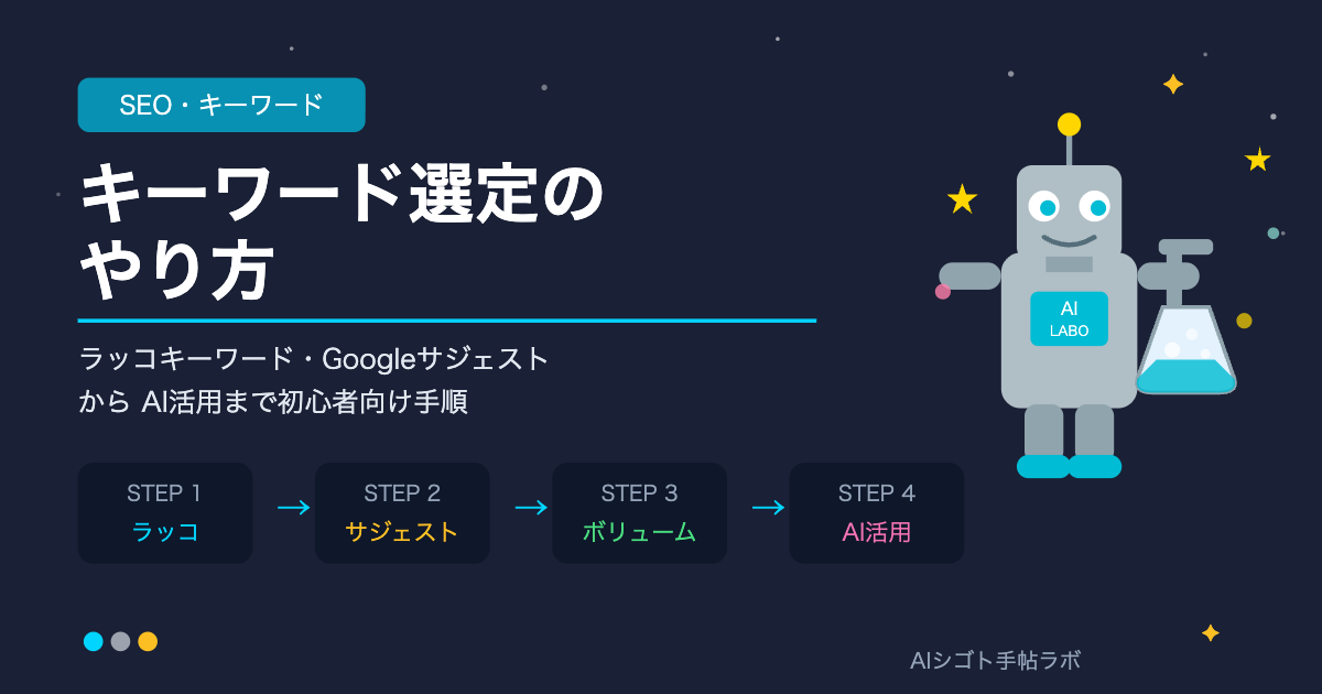 キーワード選定のやり方をラッコキーワードとGoogleサジェストで解説する記事のアイキャッチ画像｜AIシゴト手帖ラボ